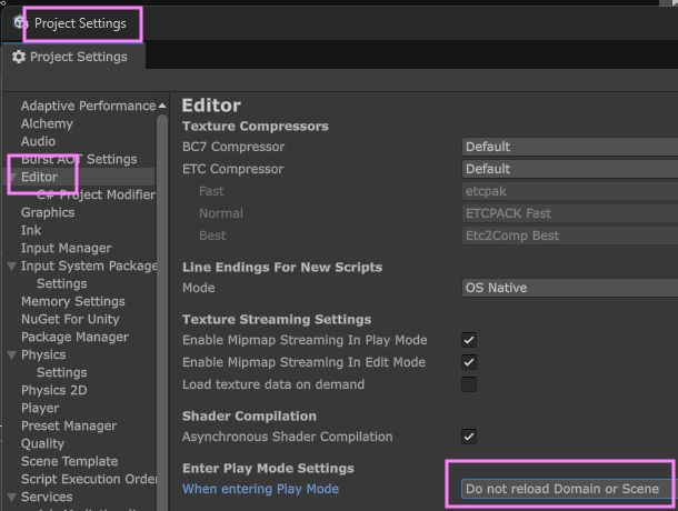 Screenshot of Unity&rsquo;s projects settings, &ldquo;Editor&rdquo; section, &ldquo;Enter Play Mode Settings&rdquo; subsection, and &ldquo;When entering Play Mode&rdquo; set to &ldquo;Do not reload Domain or Scene&rdquo;