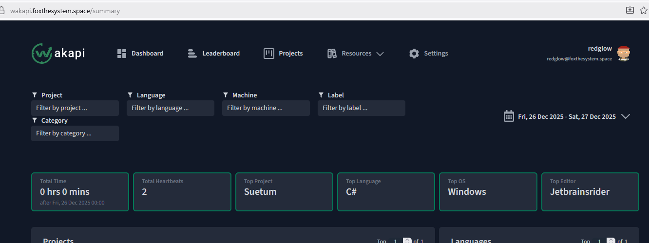 Screenshot of Wakapi&rsquo;s dashboard, showing Suetum as Top Project, C# as Top Language, Windows as Top OS and Jetbrainsrider as Top Editor.