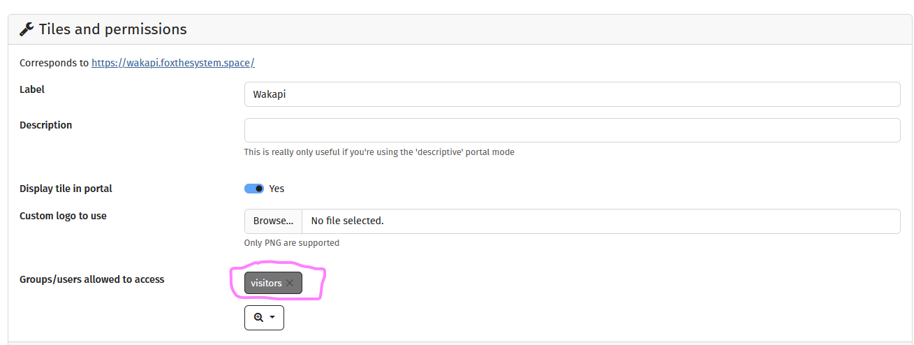 Screenshot of YunoHost&rsquo;s redirect app configuration, with the settings: Corresponds to https://wakapi.foxthesystem.space/, Label: Wakapi, Description: empty, Display tile in portal: Yes, Custom logo to use: none, Groups/users allowed to access: visitors.